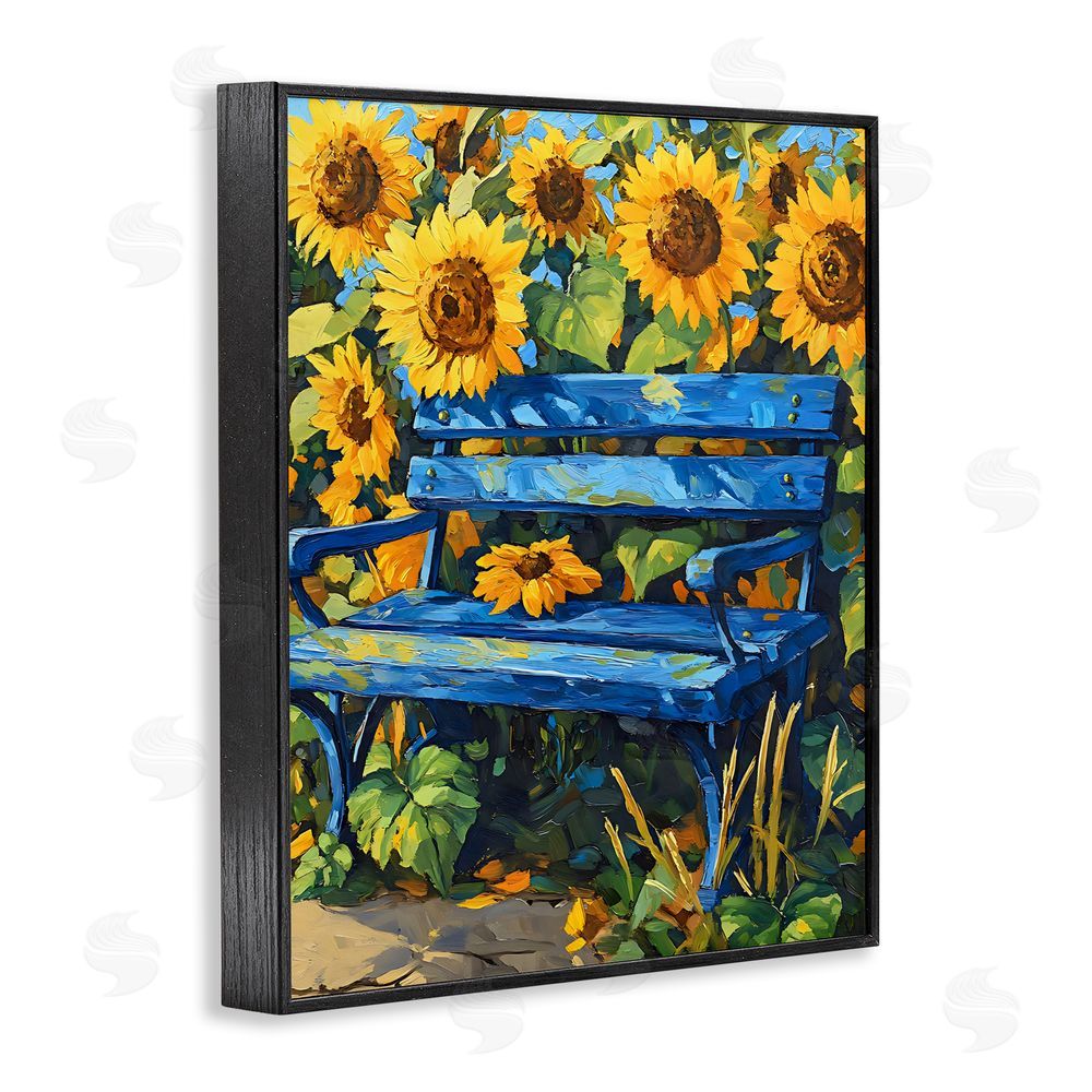 Creative Studio Bench in Sunflower Field Black Framed Giclee Wall Art Print