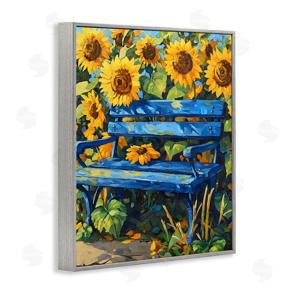 Creative Studio Bench in Sunflower Field Gray Framed Giclee Wall Art Print
