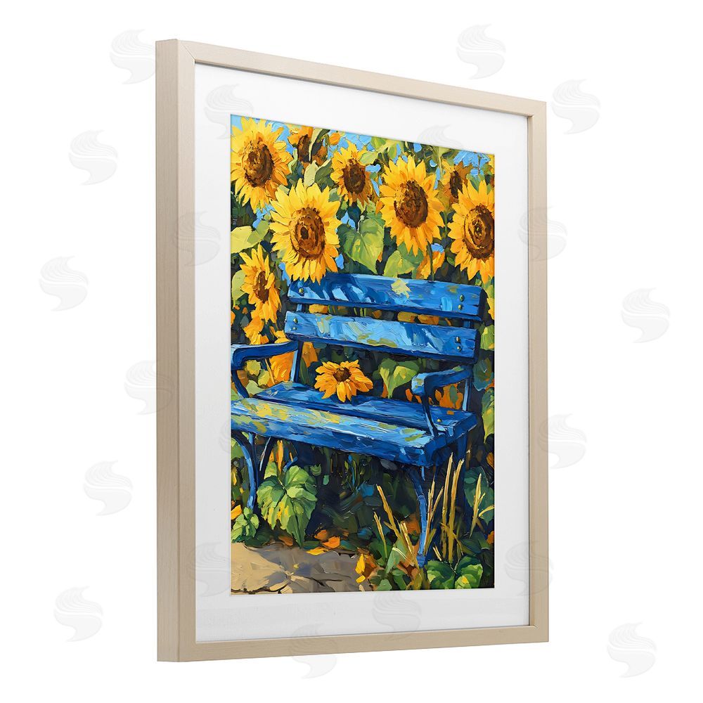 Creative Studio Bench in Sunflower Field Brown Framed Print Under Glass with Matting Wall Art