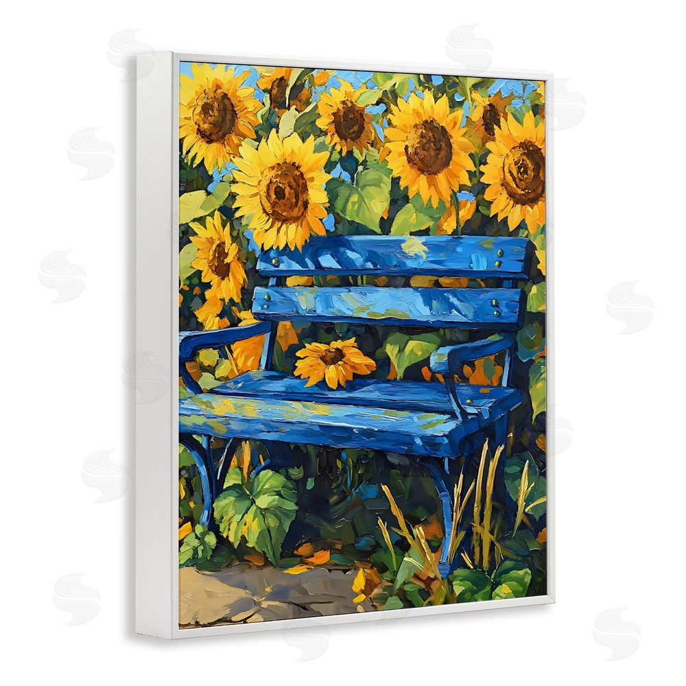 Creative Studio Bench in Sunflower Field White Framed Giclee Wall Art Print