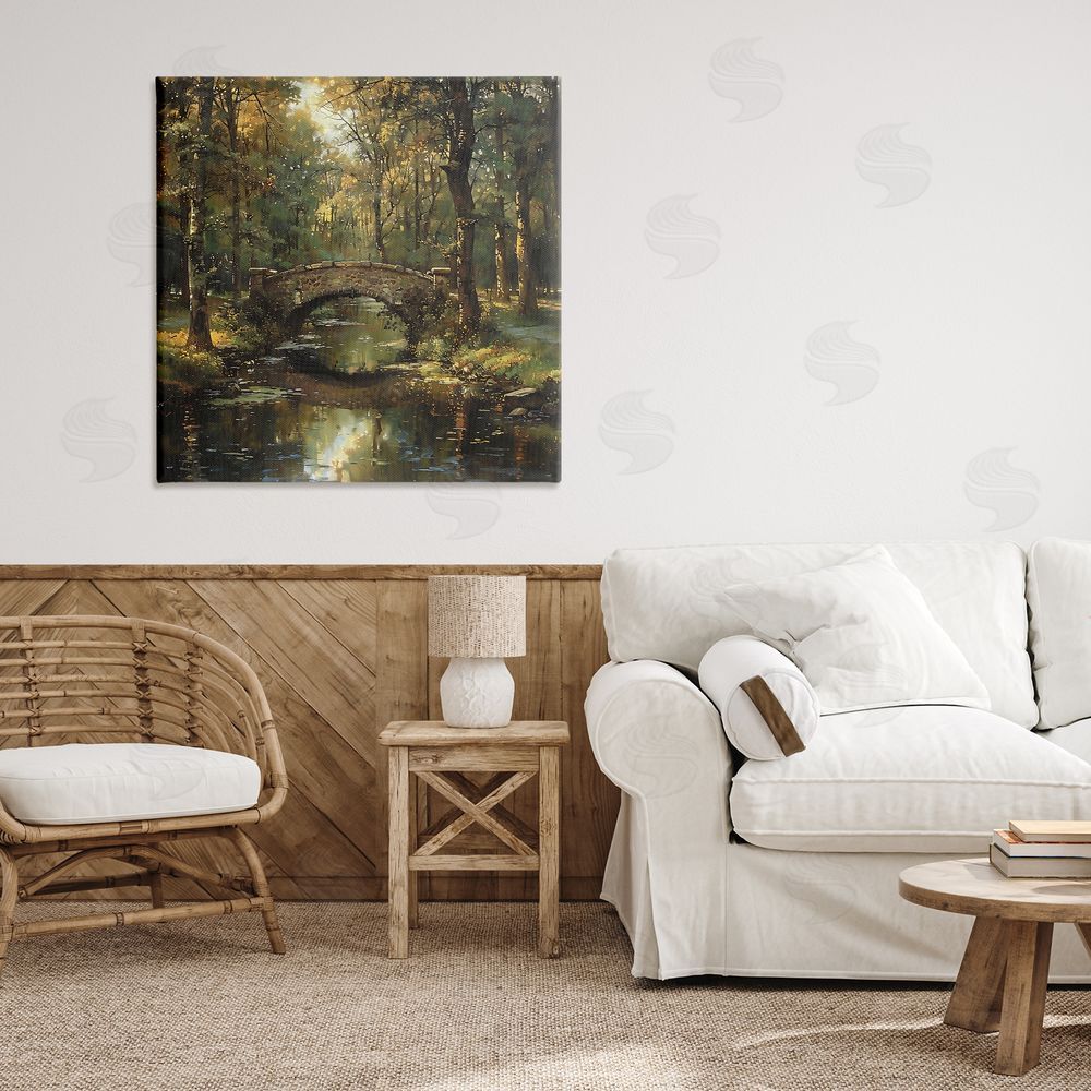 Creative Studio Forest Bridge in Autumn Light Stretched Canvas Wall Art in Room