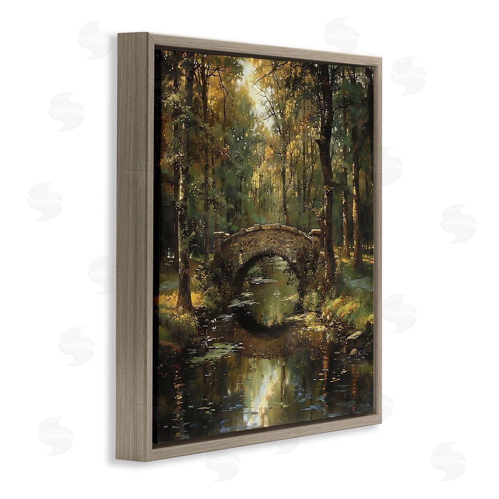 Creative Studio Forest Bridge in Autumn Light Brown Floating Framed Canvas Wall Art