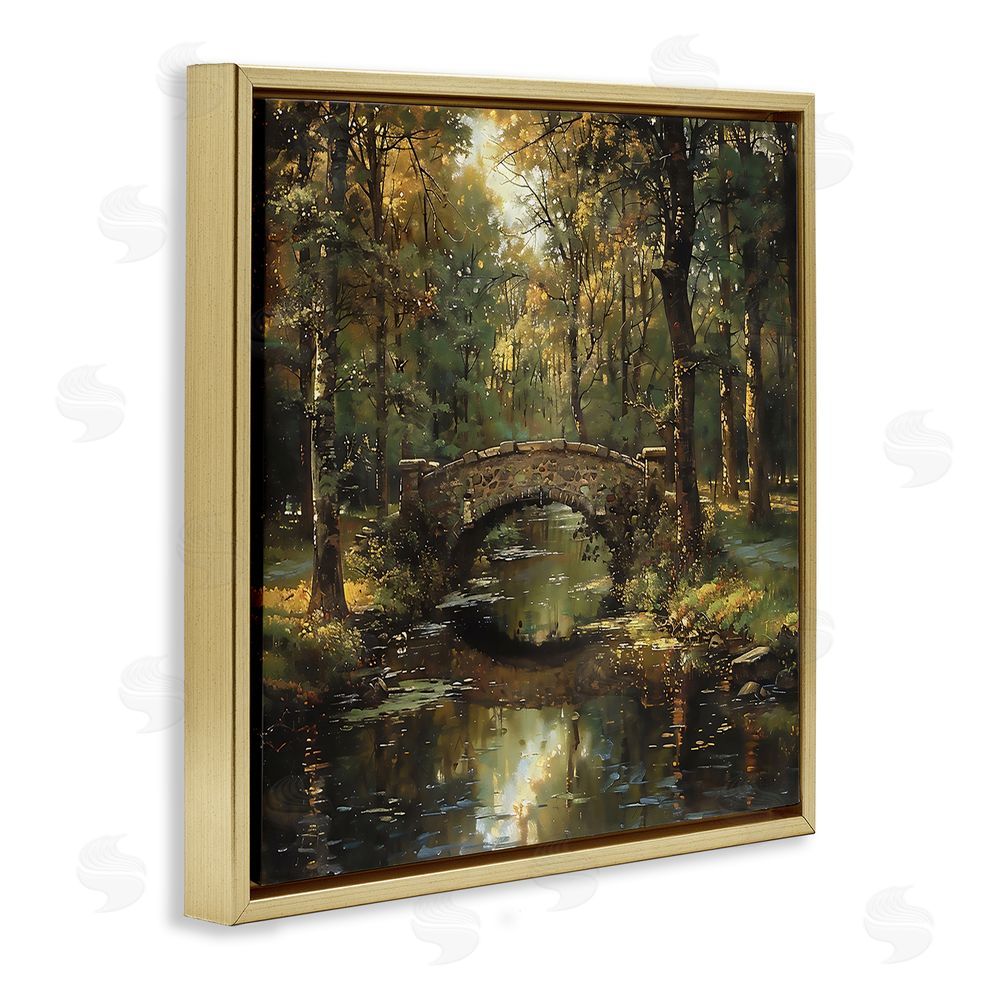 Creative Studio Forest Bridge in Autumn Light Gold Floating Framed Canvas Wall Art