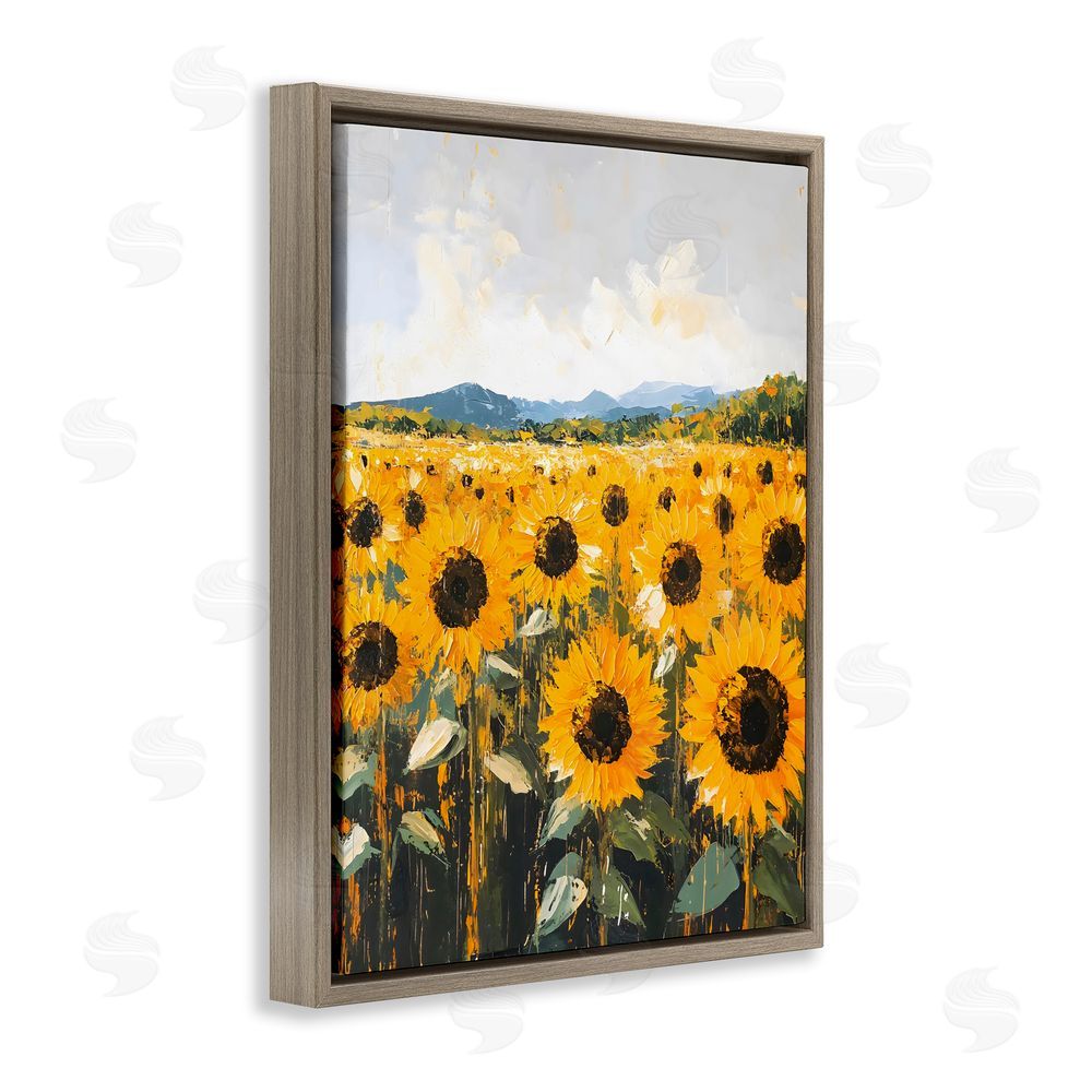 Creative Studio Beautiful Sunflowers in Field Brown Floating Frame Stretched Canvas Wall Art Print