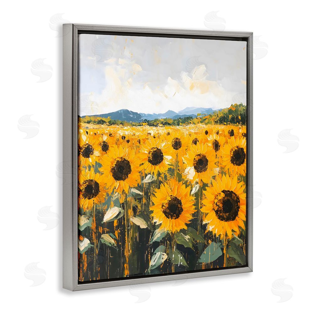 Creative Studio Beautiful Sunflowers in Field Gray Floating Frame Stretched Canvas Wall Art Print