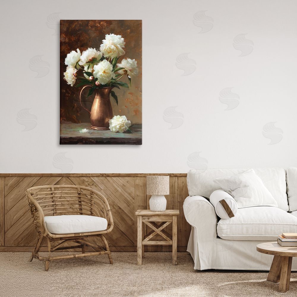 Petal Prints Design Bronze Vase Peonies Stretched Canvas Wall Art Print in Room