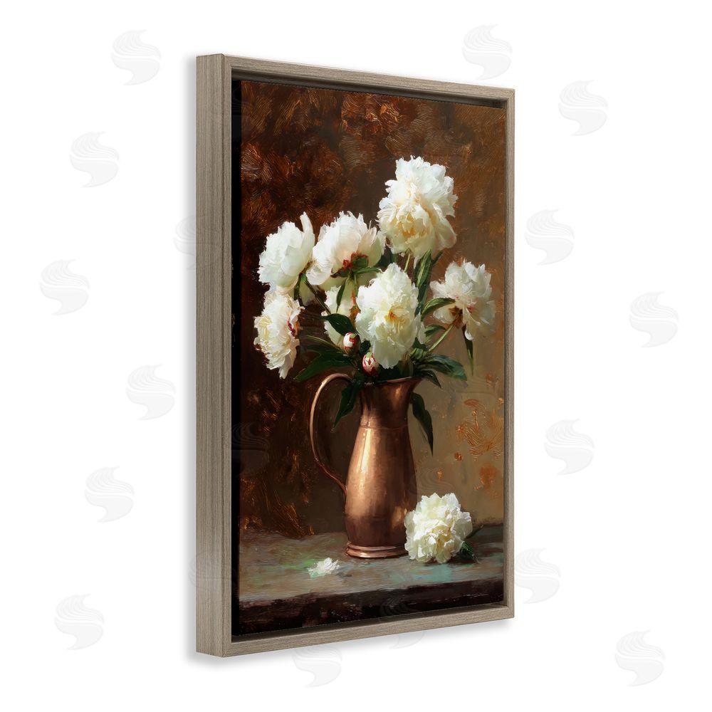 Petal Prints Design Bronze Vase Peonies Brown Floating Frame Stretched Canvas Wall Art Print