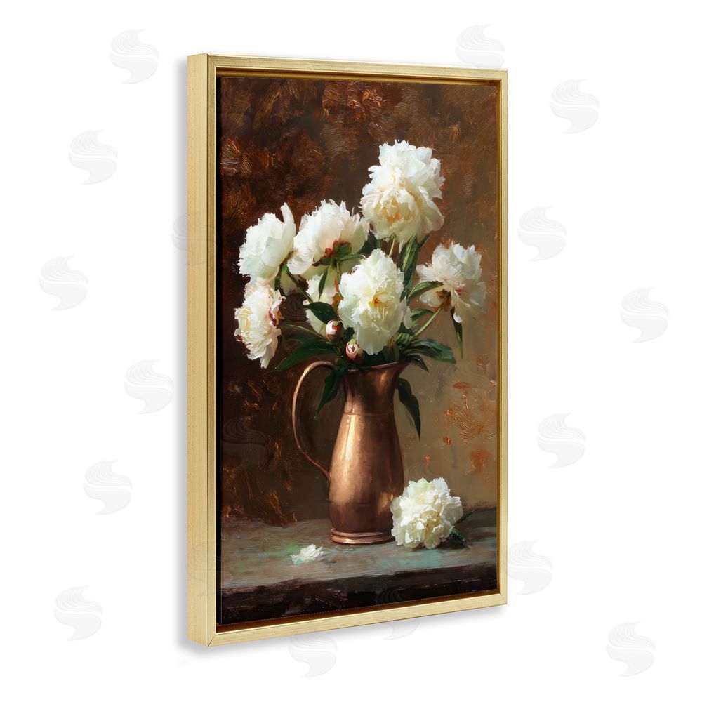 Petal Prints Design Bronze Vase Peonies Gold Floating Frame Stretched Canvas Wall Art Print