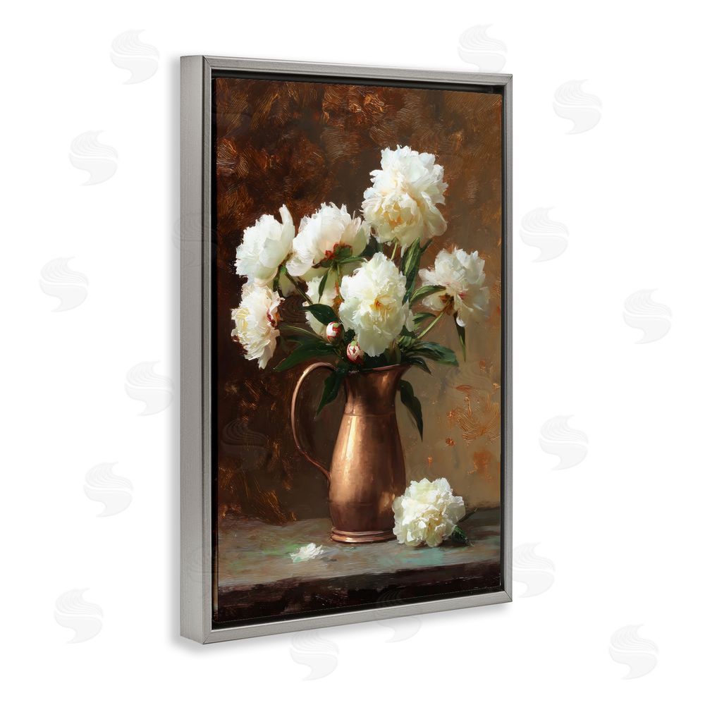 Petal Prints Design Bronze Vase Peonies Gray Floating Frame Stretched Canvas Wall Art Print
