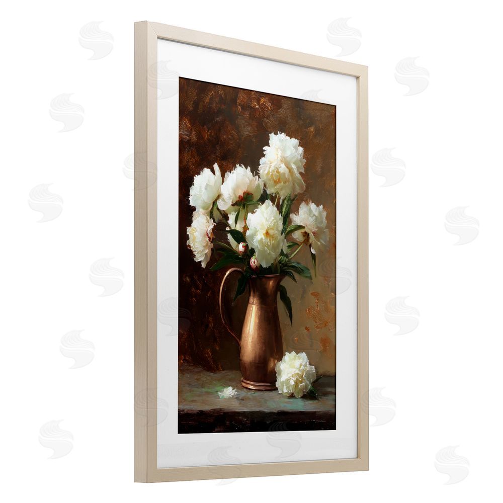 Petal Prints Design Bronze Vase Peonies Brown Framed Print Under Glass with Matting Wall Art