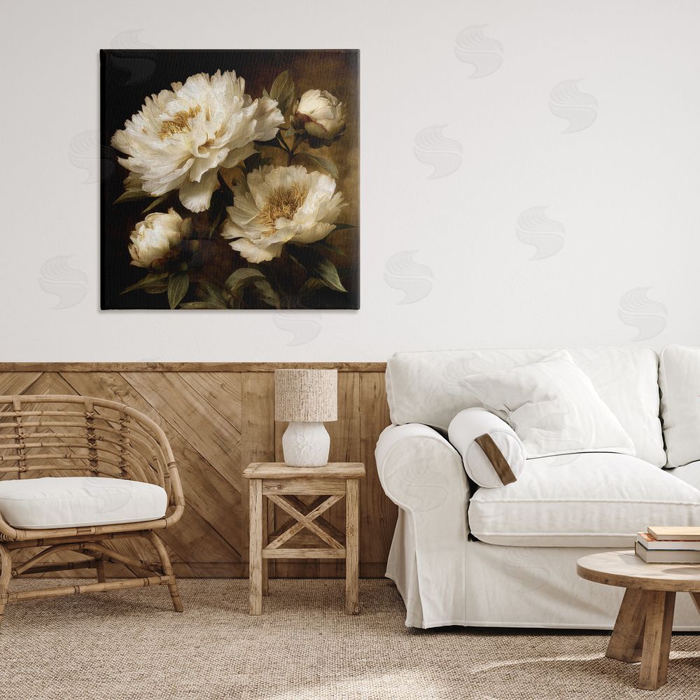 Petal Prints Design Dreamy Vintage Peony Elegance Stretched Canvas Wall Art in Room