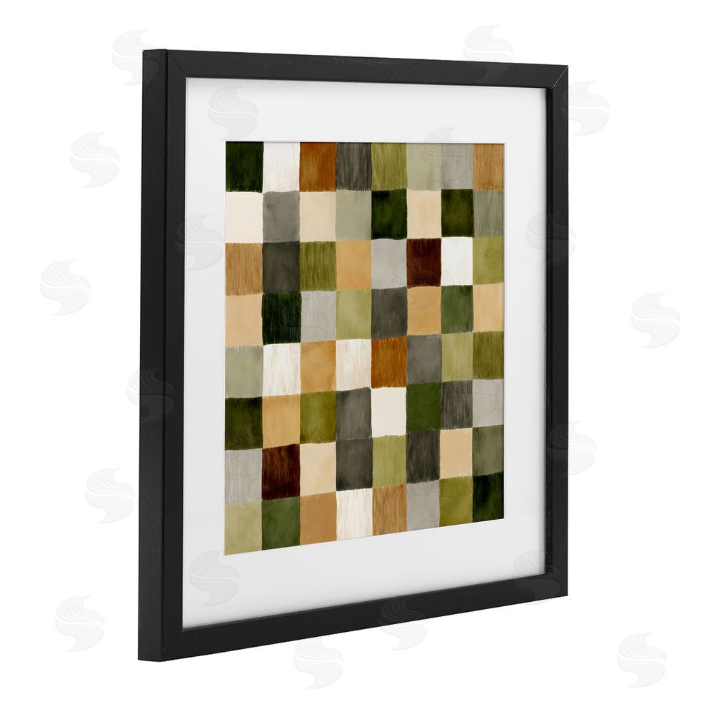 Petal Prints Design Checkered Earth Tones Black Framed Print Under Glass with Matting Wall Art