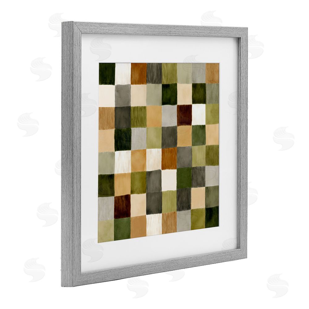 Petal Prints Design Checkered Earth Tones Gray Framed Print Under Glass with Matting Wall Art