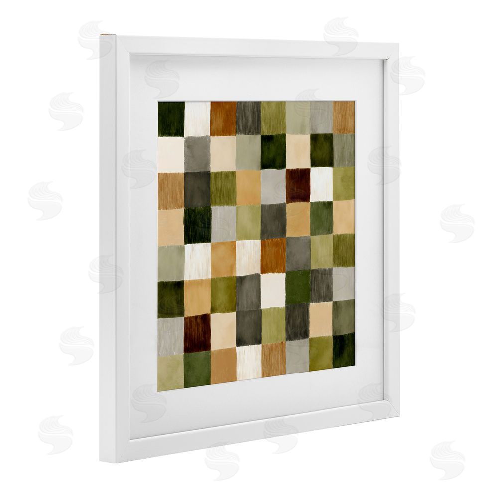 Petal Prints Design Checkered Earth Tones White Framed Print Under Glass with Matting Wall Art
