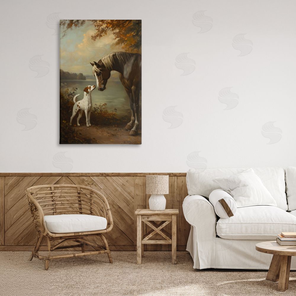 Petal Prints Design Autumn Companions Hunting Party Stretched Canvas Wall Art Print in Room