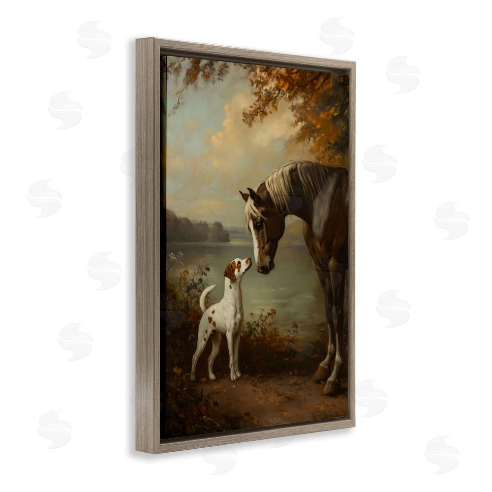 Petal Prints Design Autumn Companions Hunting Party Brown Floating Frame Stretched Canvas Wall Art Print