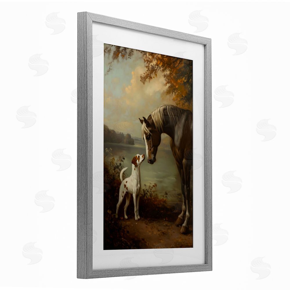 Petal Prints Design Autumn Companions Hunting Party Gray Framed Print Under Glass with Matting Wall Art
