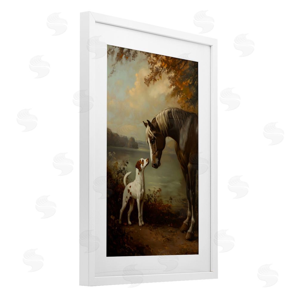 Petal Prints Design Autumn Companions Hunting Party White Framed Print Under Glass with Matting Wall Art