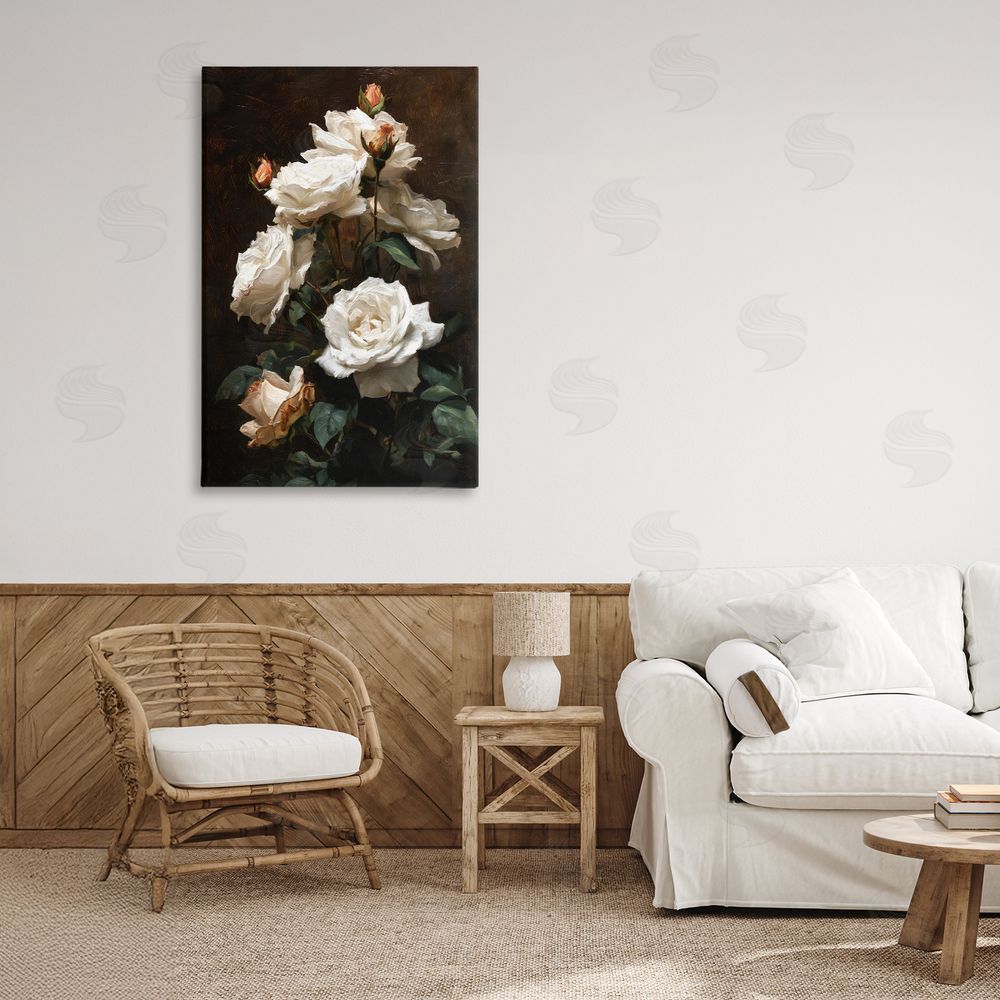 Petal Prints Design Tower of White Roses Stretched Canvas on Wall