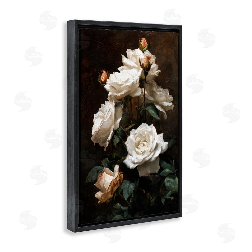Petal Prints Design Tower of White Roses Black Floating Framed Canvas Wall Art Print