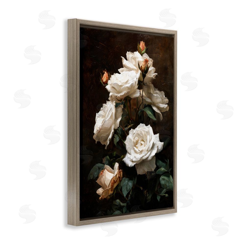 Petal Prints Design Tower of White Roses Brown Floating Framed Canvas Wall Art Print