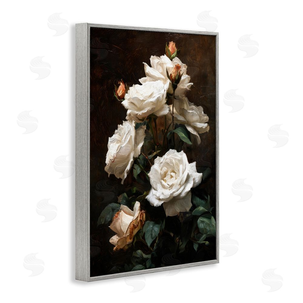 Petal Prints Design Tower of White Roses Gray Framed Giclee Wall Art Print