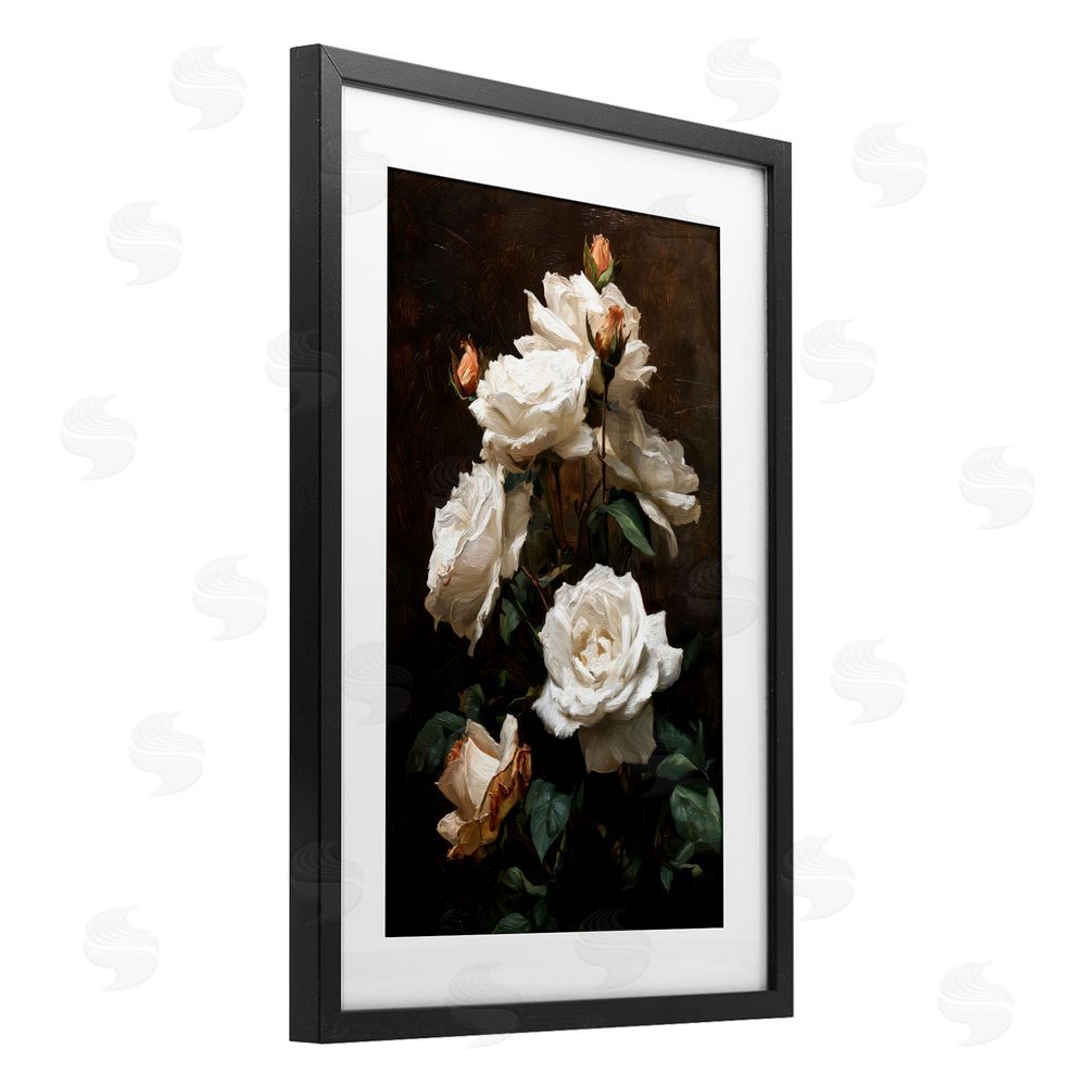 Petal Prints Design Tower of White Roses Black Framed Print Under Glass with White Mat Wall Art