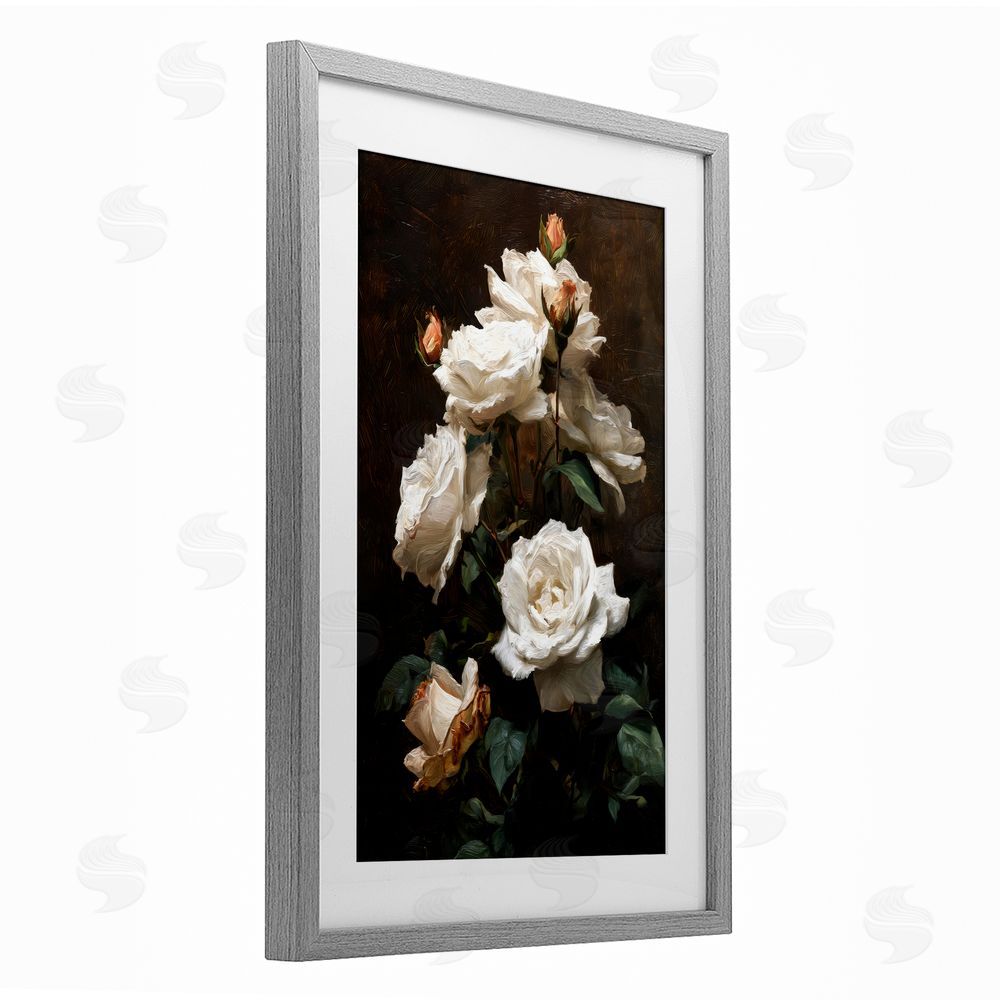 Petal Prints Design Tower of White Roses Gray Framed Print Under Glass with White Mat Wall Art