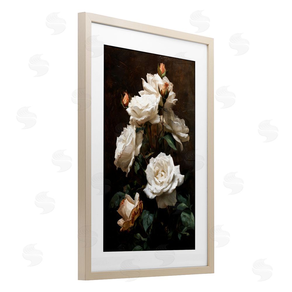 Petal Prints Design Tower of White Roses Brown Framed Print Under Glass with White Mat Wall Art