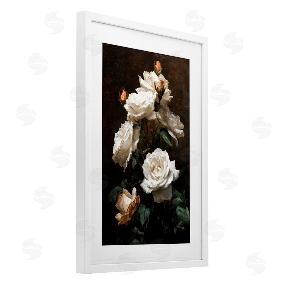 Petal Prints Design Tower of White Roses White Framed Print Under Glass with White Mat Wall Art