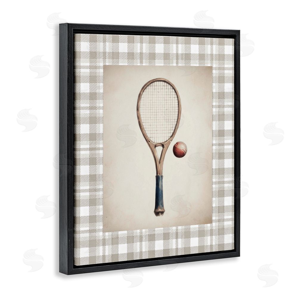 Sisi and Seb Vintage Tennis Racket & Ball Black Floating Framed Canvas Wall Art Print