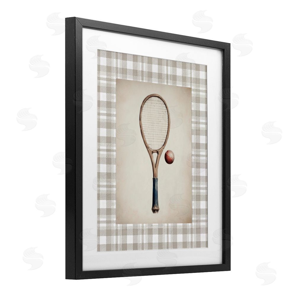 Sisi and Seb Vintage Tennis Racket & Ball Black Framed Print Under Glass with White Mat Wall Art