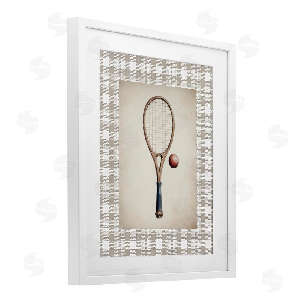 Sisi and Seb Vintage Tennis Racket & Ball White Framed Print Under Glass with White Mat Wall Art