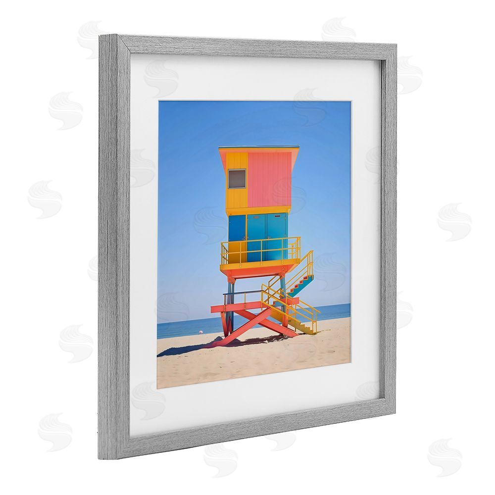 Creative Studio Deco Lifeguard Tower on Beach Gray Framed Print Under Glass Wall Art
