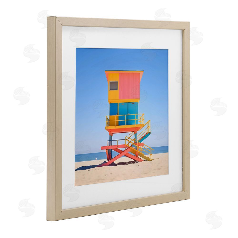 Creative Studio Deco Lifeguard Tower on Beach Brown Framed Print Under Glass Wall Art