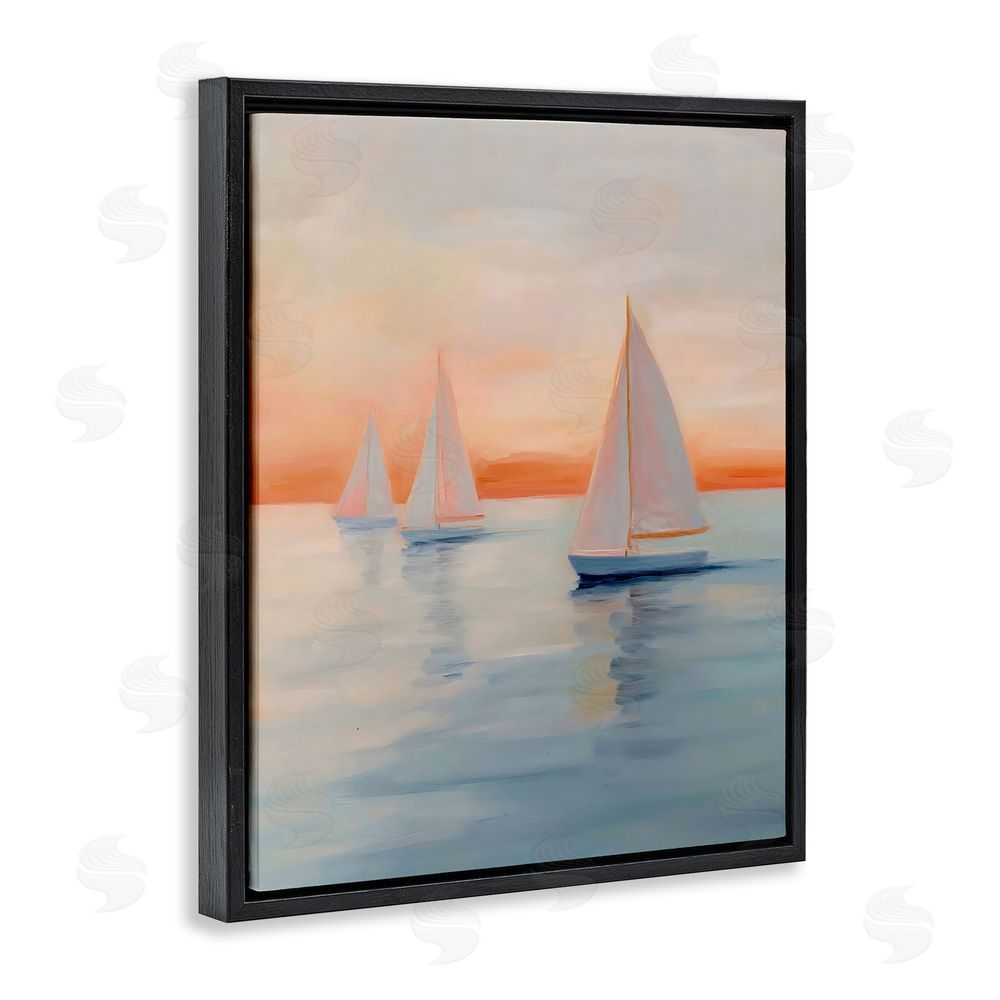 Creative Studio Sunset Sailboats Over Calm Sea Black Floating Framed Canvas Wall Art Print