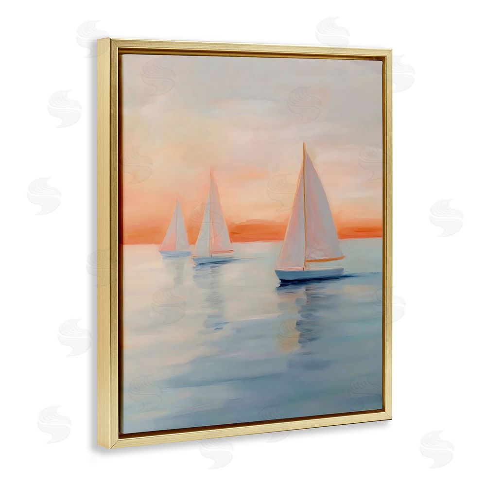 Creative Studio Sunset Sailboats Over Calm Sea Gold Floating Framed Canvas Wall Art Print