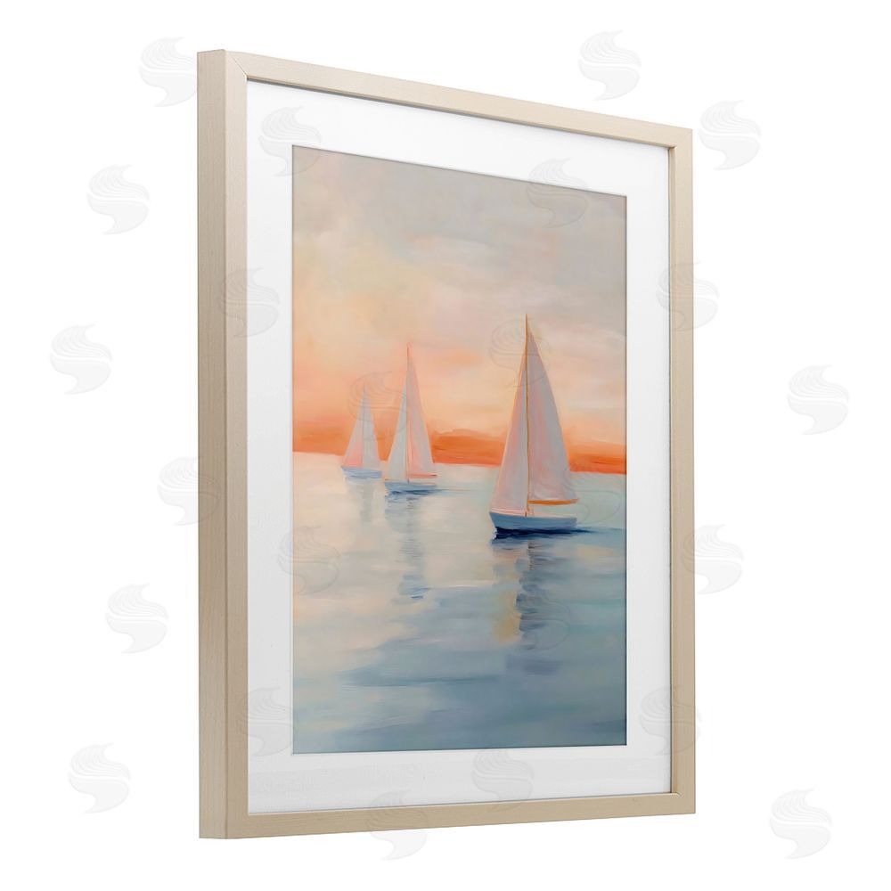 Creative Studio Sunset Sailboats Over Calm Sea Brown Framed Print Under Glass with White Mat Wall Art