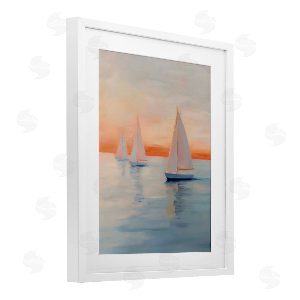 Creative Studio Sunset Sailboats Over Calm Sea White Framed Print Under Glass with White Mat Wall Art