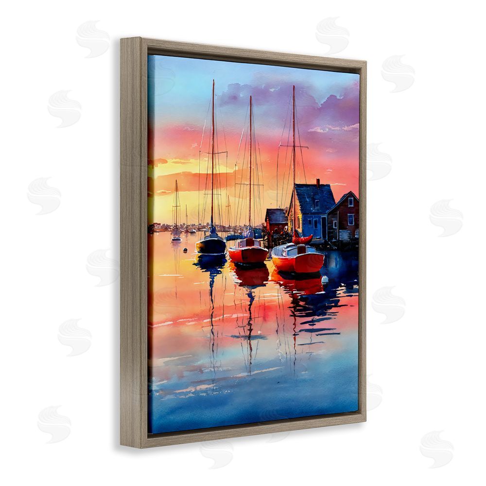 Franklyn Gregory Vivid Sunset at Docks Brown Floating Framed Canvas Wall Art Print