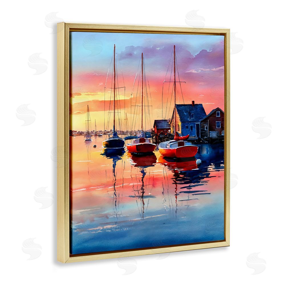 Franklyn Gregory Vivid Sunset at Docks Gold Floating Framed Canvas Wall Art Print