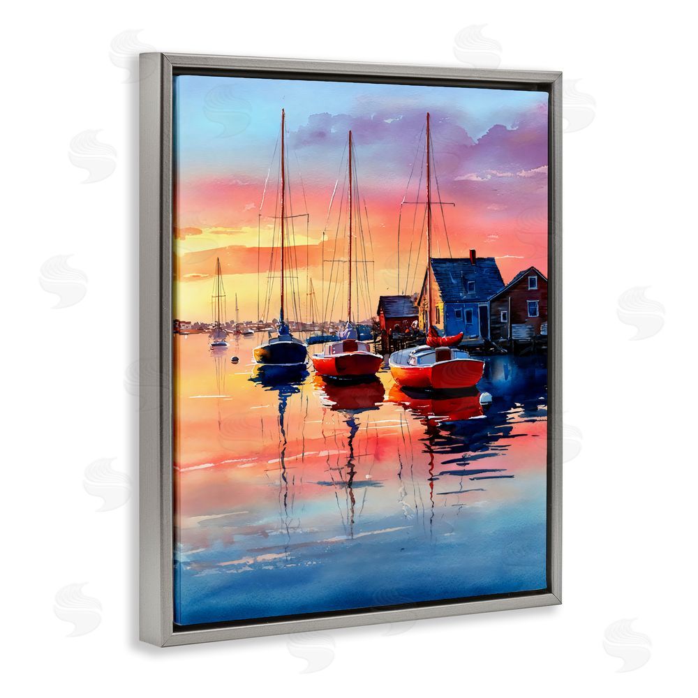 Franklyn Gregory Vivid Sunset at Docks Gray Floating Framed Canvas Wall Art Print