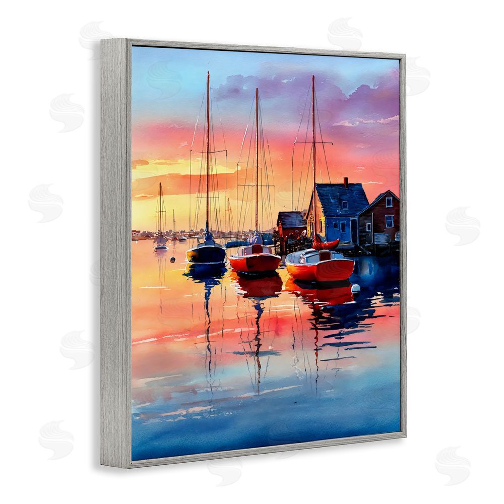 Franklyn Gregory Vivid Sunset at Docks Gray Framed Giclee Wall Art Print