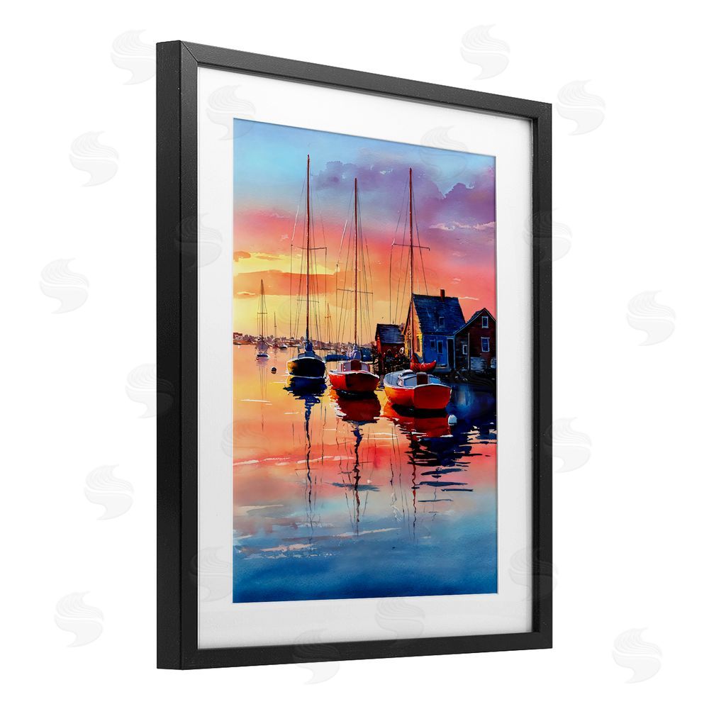 Franklyn Gregory Vivid Sunset at Docks Black Framed Print Under Glass with White Mat Wall Art