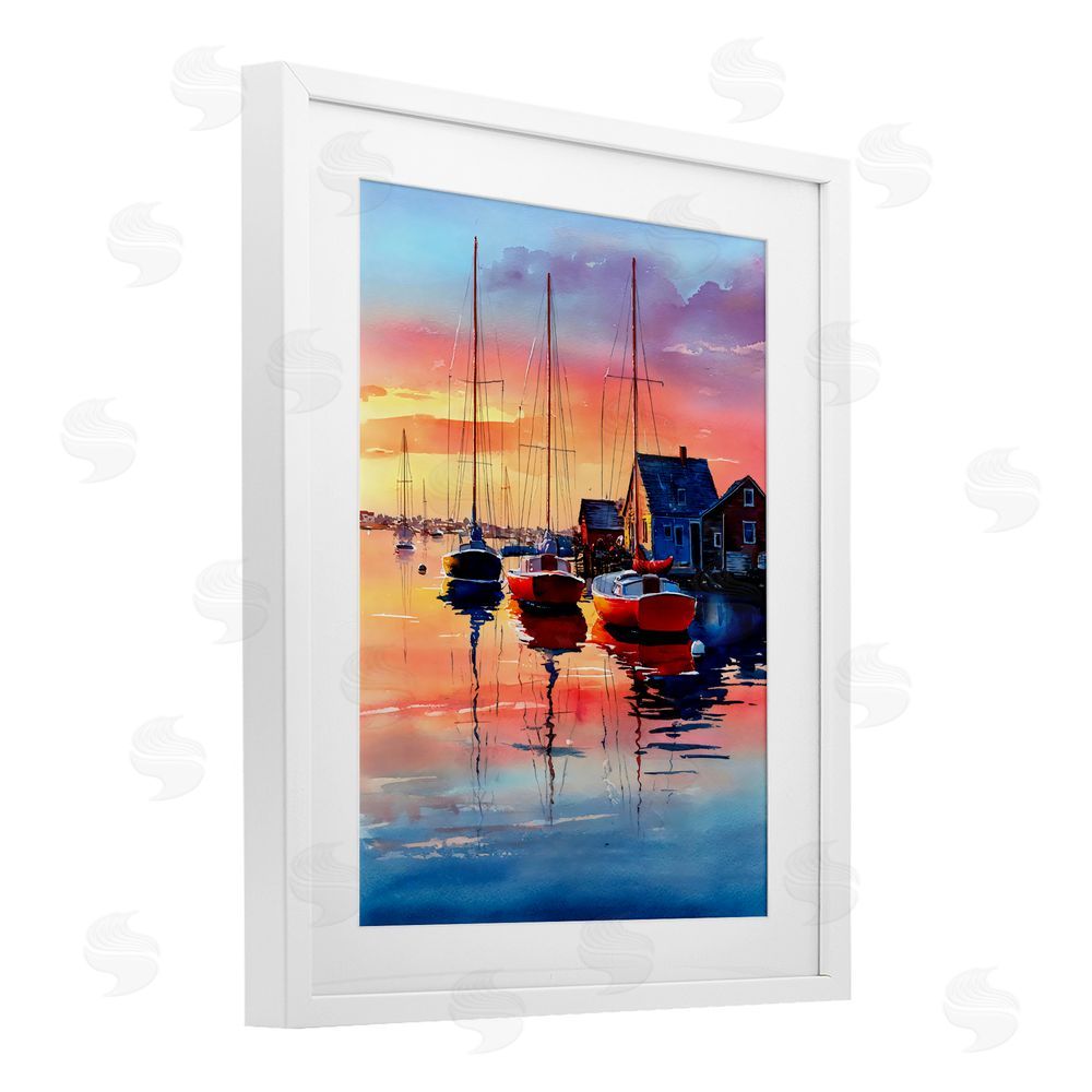 Franklyn Gregory Vivid Sunset at Docks White Framed Print Under Glass with White Mat Wall Art