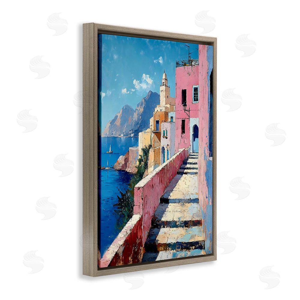 Creative Studio Coastal Village's Sunlit Pathway Brown Floating Frame Canvas Wall Art Print