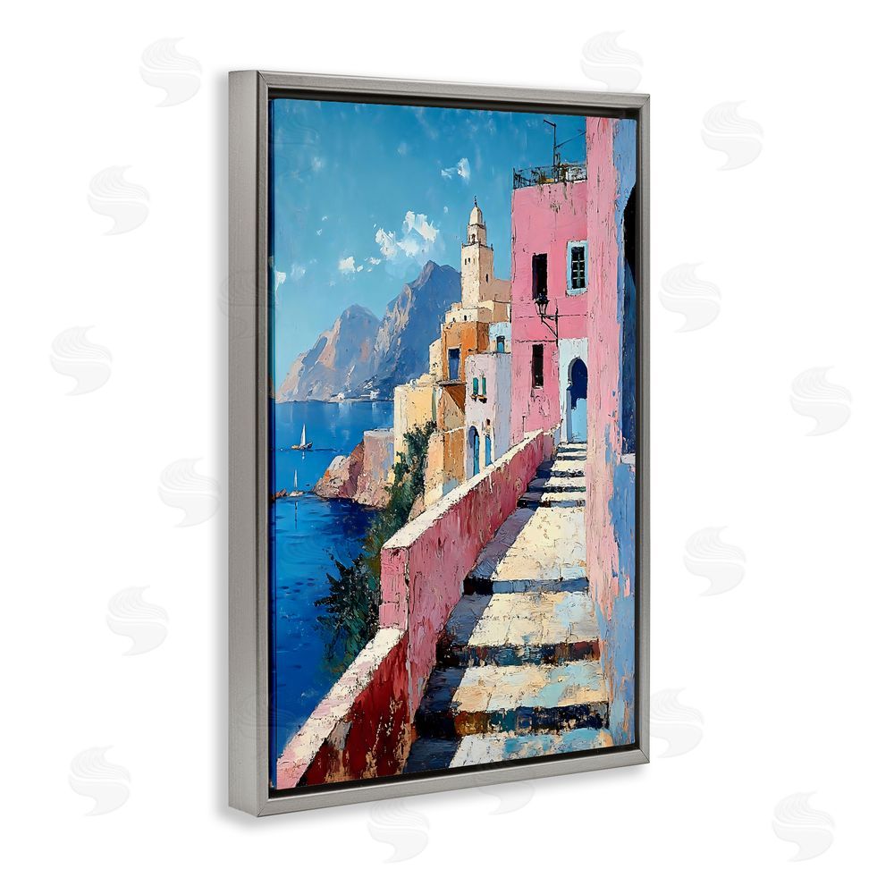 Creative Studio Coastal Village's Sunlit Pathway Gray Floating Frame Canvas Wall Art Print