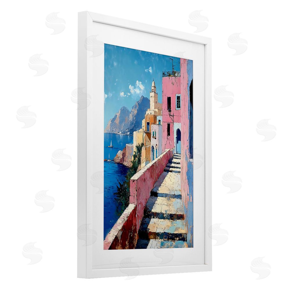 Creative Studio Coastal Village's Sunlit Pathway White Framed Print Under Glass Wall Art