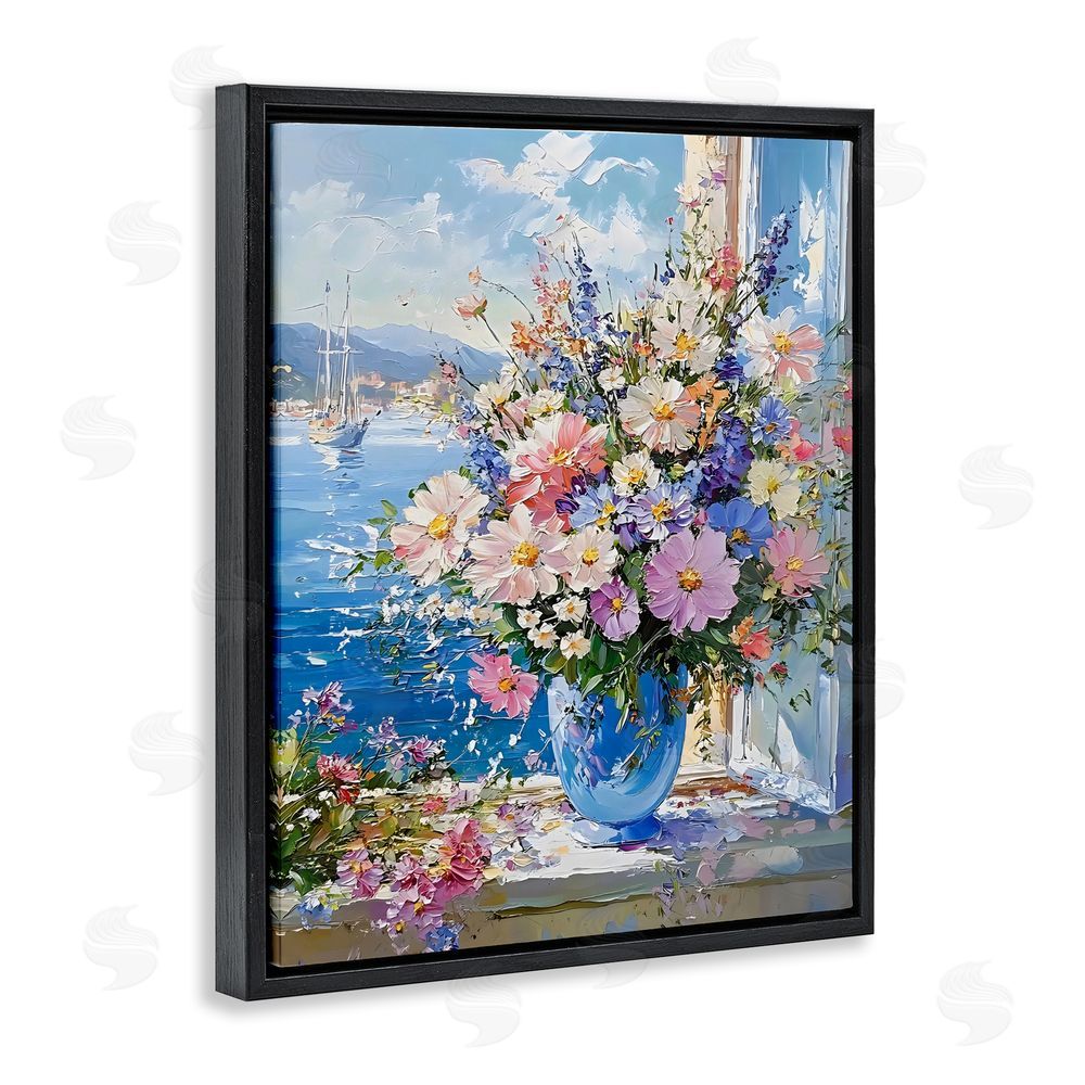 Creative Studio Beautiful Bouquet on Ledge Black Floating Frame Stretched Canvas Wall Art Print