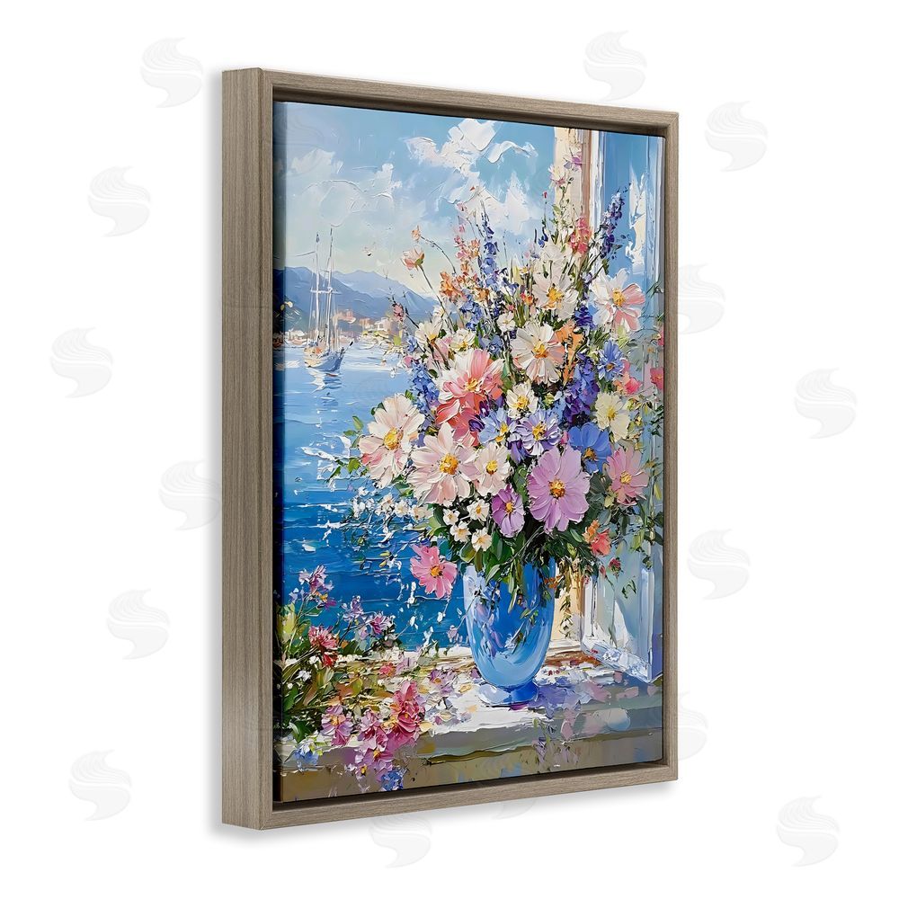 Creative Studio Beautiful Bouquet on Ledge Brown Floating Frame Stretched Canvas Wall Art Print